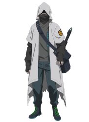  1boy arknights bag bandana bandana_over_mouth cloak covered_face faceless faceless_male fingerless_gloves full_body gloves grey_sweater guard_(arknights) hood hood_up hooded_cloak layered_sleeves long_sleeves male_focus official_art pants reunion_logo_(arknights) short_over_long_sleeves short_sleeves shoulder_bag simple_background solo standing sweater tachi-e takafuji_aya transparent_background white_cloak 