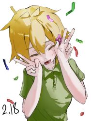  1boy :d ^_^ aged_down antenna_hair bare_arms basil_(faraway)_(omori) basil_(omori) blonde_hair buttons child closed_eyes collared_shirt commentary confetti dated double-parted_bangs double_v english_commentary facing_viewer from_above green_shirt hair_between_eyes hands_up happy_birthday highres male_focus omore47858045 omori open_mouth shirt short_hair sidelighting sidelocks simple_background smile solo tongue upper_body v white_background 