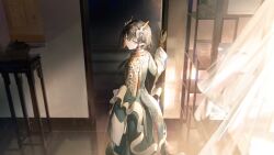  1girl arknights arm_at_side arm_tattoo artist_request black_hair book bookshelf curtains doorway dragon_horns dragon_tail eastern_dragon_horns eastern_dragon_tail facing_away floating_curtains game_cg hand_tattoo hand_up highres horns indoors jie_(arknights) long_sleeves looking_back official_art pointy_ears robe short_hair sidelighting solo tail tattoo third-party_source 