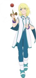  1boy aqua_boots aqua_trim artist_request blonde_hair blue_eyes blue_leggings blue_trim boots bracelet commentary full_body game_cg highres holding holding_toy jewelry kendama leggings looking_at_object medium_hair mithos_yggdrasill official_art smile solo standing tales_of_(series) tales_of_asteria tales_of_symphonia teeth third-party_source toy transparent_background white_boots 