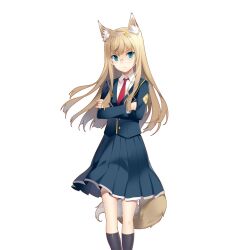  1girl animal_ears aqua_eyes black_socks blazer blonde_hair breasts collar crossed_arms fox_ears fox_girl fox_tail glasses green_jacket green_skirt jacket kneehighs lilian_fox long_hair medium_breasts necktie red_necktie rie_(reverie) school_uniform shirt skirt socks tail uchi_no_hime-sama_ga_ichiban_kawaii white_collar white_shirt 