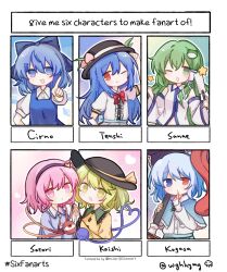  6+girls :q artist_name black_hairband black_hat blue_bow blue_capelet blue_dress blue_hair blue_shirt blue_skirt bow bowtie buttons capelet center_frills chinese_commentary cirno collared_shirt commentary_request detached_sleeves detached_wings diamond_button dress eyeball fby1313133 frilled_shirt_collar frilled_sleeves frills frog_hair_ornament fur-trimmed_capelet fur_trim green_eyes green_hair hair_bow hair_ornament hair_tubes hairband hat hat_ornament hat_ribbon heart heart_button heart_hair_ornament heart_of_string heterochromia highres hinanawi_tenshi ice ice_wings index_finger_raised karakasa_obake kochiya_sanae komeiji_koishi komeiji_satori leaf_hat_ornament long_sleeves looking_at_viewer multiple_drawing_challenge multiple_girls one_eye_closed open_mouth peach_hat_ornament pinafore_dress pink_eyes pink_hair puffy_short_sleeves puffy_sleeves purple_umbrella red_bow red_bowtie red_eyes ribbon shirt short_hair short_sleeves siblings single_hair_tube sisters six_fanarts_challenge skirt sleeveless sleeveless_dress smile snake_hair_ornament star_(symbol) tatara_kogasa third_eye tongue tongue_out touhou umbrella violet_eyes white_shirt wide_sleeves wings yellow_ribbon yellow_shirt 