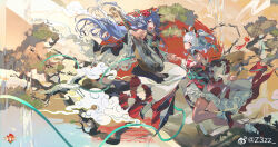  2girls :d ahoge animal_ears bili_girl_22 bili_girl_33 bilibili bird blue_hair chinese_clothes crossed_bangs detached_sleeves flower flute green_ribbon hair_flower hair_ornament hanfu highres holding_hands horse horse_ears instrument lantern long_hair medium_hair multiple_girls one_side_up paper_lantern pine_tree pipa_(instrument) profile red_eyes red_sun ribbon smile tree watermark weibo_username weibo_watermark white_hair xiangyun z3zz4 zhongguo_hua 