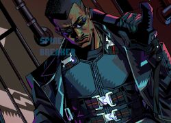  1boy artist_name black_coat blade_(marvel) blade_(series) breaking_spine coat commentary dark-skinned_male dark_skin gun holding holding_gun holding_weapon male_focus marvel signature solo sunglasses vampire weapon yellow_eyes 