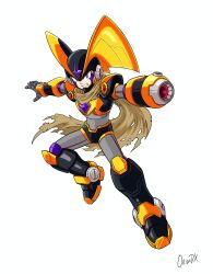  1boy absurdres adapted_costume arm_cannon armor bass_(mega_man) black_armor black_helmet brown_cloak chest_jewel cloak dauntedx forehead_jewel full_body helmet highres male_focus mega_man_(classic) mega_man_(series) simple_background solo weapon white_background 