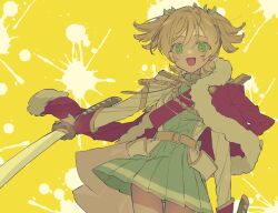  1girl :d absurdres ageharuuu aiguillette arm_at_side badge belt belt_buckle blonde_hair buckle commentary_request cowboy_shot daiba_nana dual_wielding epaulettes fur-trimmed_jacket fur_trim green_eyes green_ribbon grey_jacket grey_skirt hair_between_eyes hair_ribbon highres holding holding_sword holding_weapon jacket jacket_on_shoulders katana long_sleeves looking_at_viewer miniskirt open_mouth pleated_skirt red_jacket red_sash ribbon sash short_hair shoujo_kageki_revue_starlight shoulder_sash single_horizontal_stripe skirt smile solo splatter_background standing star_(symbol) striped_clothes striped_skirt sword two-tone_background two_side_up waist_cape weapon white_background yellow_background yellow_belt yellow_trim 