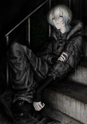  1boy absurdres black_jacket black_nails black_pants black_shoes closed_mouth ear_piercing fur-trimmed_jacket fur_trim gradient_hair hair_between_eyes hand_on_own_arm highres jacket long_sleeves looking_at_viewer male_focus medium_hair mole mole_under_eye multicolored_hair original pants piercing punk railing shoes sitting sitting_on_stairs solo stairs tuba_io white_hair 