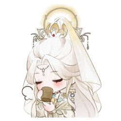  1girl artist_request bead_necklace beads chinese_clothes circlet closed_eyes covered_mouth cropped_torso cup drinking earrings eyelashes formless_truth_(infinity_nikki) glowing glowing_halo gold_circlet gold_earrings hair_ornament halo hanfu holding holding_cup infinity_nikki jewelry layered_sleeves light_blush long_hair long_sleeves necklace nikki_(series) official_art painterly puffy_long_sleeves puffy_sleeves solo steam sticker_(medium) topknot transparent_background veil very_long_hair white_hair white_hanfu white_veil wide_sleeves yunomi 