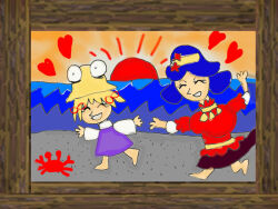  2girls barefoot blonde_hair blue_hair closed_eyes commentary_request crab dress hair_ribbon hat heart kams leaf maple_leaf moriya_suwako multiple_girls purple_dress pyonta red_shirt red_skirt ribbon rope shimenawa shirt short_hair skirt smile straw_hat sun touhou wide_sleeves yasaka_kanako 
