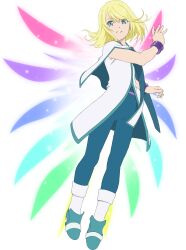 1boy aqua_boots aqua_trim artist_request blonde_hair blue_eyes blue_leggings blue_trim blue_wings boots bracelet energy_wings flying full_body game_cg green_wings highres jewelry leggings looking_at_viewer medium_hair midair mithos_yggdrasill multicolored_wings official_art pink_wings purple_wings rainbow_wings smile solo tales_of_(series) tales_of_asteria tales_of_symphonia third-party_source transparent_background white_boots wings yellow_wings 