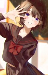  1girl absurdres alternate_costume black_hair black_sailor_collar black_serafuku black_shirt black_skirt blue_eyes bow bowtie braid classroom commentary contrapposto grin hair_ornament hairclip half_up_braid hashtag-only_commentary highres hololive indoors long_sleeves looking_at_viewer nayuyu1105 oozora_subaru open_hand parallel_hairclips pleated_skirt red_bow red_bowtie sailor_collar school school_uniform serafuku shirt short_hair skirt smile solo sunset untranslatable_commentary upper_body virtual_youtuber waving window_shadow 