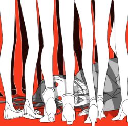  6+girls bare_legs boots bullying cage clenched_hand coat commentary flats food from_behind grey_coat grey_hair hand_on_ground high_heel_boots high_heels legs looking_at_object lower_body lying multiple_girls no_socks original pocky red_background red_eyes school_uniform shadow shirt shoes shokugyo surrounded surrounded_by_feet white_shirt 