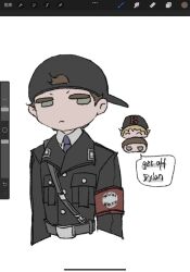  2boys ^_^ animification armband arms_at_sides art_program_in_frame backwards_hat belt black_hat black_jacket blonde_hair brown_hair buttons character_name closed_eyes closed_mouth clothes_writing collared_jacket collared_shirt colored_eyelashes cropped_torso dylan_klebold english_text eric_harris expressionless flat_color frown green_eyes grey_belt hair_behind_ear hat highres jacket looking_at_viewer male_focus multiple_boys nazi necktie no_nose no_pupils pocket procreate_(software) purple_necktie real_life red_armband shirt short_hair shoulder_belt sideways_glance simple_background speech_bubble tangguaqiezi true_crime very_short_hair white_background 