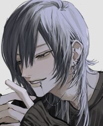 1boy black_shirt commentary ear_piercing face_piercing grey_eyes grey_hair hair_between_eyes highres lip_piercing long_hair long_sleeves looking_down mizooti_0 original own_hands_together parted_lips piercing portrait shirt simple_background sleeves_past_wrists smile white_background 