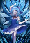  1girl :d bangs blue_bow blue_dress blue_eyes blue_hair bow cirno dress fang hair_bow highres ice ice_wings looking_at_viewer murumuru_(pixiv51689952) open_mouth short_hair short_sleeves smile standing touhou wings 