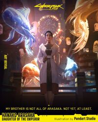  1girl aerial_fireworks asian black_hair breasts coat cyberpunk_(series) cyberpunk_2077 cyberpunk_tcg dress earrings english_commentary fireworks fish from_below hair_up hanako_arasaka highres hologram jewelry long_coat makeup medium_breasts medium_dress night red_lips straight-on white_coat 