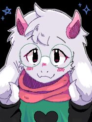  1boy blush commentary_request deltarune floppy_ears green_robe highres holding_own_ears horns looking_at_viewer male_focus pink_horns pink_scarf ralsei robe round_eyewear scarf smile sparkle ui_5286 utdr_(toby_fox) white_fur 