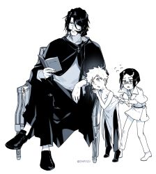  3boys aged_down bleach bleach:_sennen_kessen-hen book capelet child cloak commentary_request crossed_legs enpissi facial_hair greyscale hair_over_shoulder highres holding holding_book ishida_uryuu kurosaki_ichigo long_hair low_ponytail male_focus monochrome multiple_boys mustache pants ponytail reading robe twitter_username yhwach 