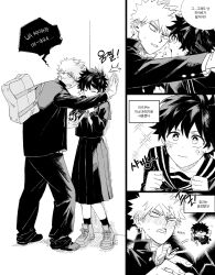  1boy 1girl bag bakugou_katsuki blush boku_no_hero_academia commentary_request dmdtmt99 full_body gakuran genderswap genderswap_(mtf) greyscale hetero highres kabedon korean_commentary korean_text midoriya_izuku monochrome pants sailor_collar school_bag school_uniform serafuku shoulder_bag skirt standing translation_request 