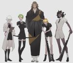  5boys achilles_(fate) asclepius_(fate) bangs belt black_footwear black_gloves black_hair black_jacket black_kimono black_necktie black_shorts blonde_hair boots brown_hair chiron_(fate) clipboard closed_eyes collared_shirt cosplay crossed_arms crossed_bangs curtained_hair dark-skinned_male dark_skin elbow_gloves expressionless facing_viewer fate/grand_order fate_(series) full_body gem_uniform_(houseki_no_kuni) gloves gradient_hair green_eyes green_hair hair_between_eyes hand_on_hilt hands_in_opposite_sleeves hands_on_hilt haruakira heracles_(fate) highres holding holding_clipboard houseki_no_kuni jacket jagged_sword japanese_clothes jason_(fate) kesa kimono kongou_sensei kongou_sensei_(cosplay) labcoat leaning_forward long_hair looking_ahead looking_at_another looking_at_object looking_down multicolored_hair multiple_boys necktie open_mouth parody parted_lips pink_hair profile puffy_short_sleeves puffy_sleeves scowl sheath sheathed shiny shiny_hair shirt shoes short_hair short_hair_with_long_locks short_sleeves shorts simple_background sleeves_past_fingers sleeves_past_wrists smile socks spiky_hair standing straight-on sweatdrop teacher_and_student thigh-highs white_background white_hair white_jacket white_shirt white_shorts yellow_eyes zouri 