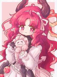  1girl :3 arknights black_gloves border cchiii closed_mouth commentary_request demon_girl demon_horns demon_tail dress gloves grey_border hair_ribbon hairband highres horns long_hair long_sleeves looking_at_viewer nymph_(arknights) parted_bangs pink_background pointy_ears puffy_long_sleeves puffy_sleeves red_eyes red_hair ribbon short_eyebrows single_glove sleeves_past_wrists solo tail thick_eyebrows very_long_hair white_dress white_hairband white_ribbon yopi_(user_wdgp8532) 