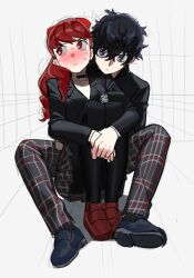  1boy 1girl :< amamiya_ren black_jacket black_pantyhose black_shoes blush bow closed_mouth commentary_request ggongchichi777 hair_bow jacket korean_commentary long_hair long_sleeves looking_at_viewer own_hands_together pants pantyhose persona persona_5 persona_5_the_royal plaid_clothes plaid_pants plaid_skirt ponytail red_bow red_hair red_shoes school_uniform shoes short_hair shuujin_academy_school_uniform simple_background sitting skirt sweat yoshizawa_kasumi 