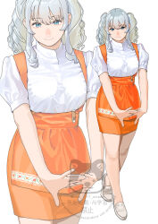  1girl absurdres alternate_costume anna_miller apron blue_eyes breasts highres interlocked_fingers kantai_collection kashima_(kancolle) long_hair looking_at_viewer multiple_views ojipon orange_apron orange_skirt shirt shoes short_sleeves sidelocks simple_background skirt standing twintails waitress wavy_hair white_background white_shirt white_shoes zoom_layer 