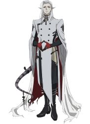  1boy arknights black_boots boots buttons cloak double-breasted duke_kashchey_(arknights) facial_hair full_body gloves goatee head_back medium_hair official_art old old_man pointy_ears red_gloves scar scar_across_eye scar_on_face single_hair_intake snake_tail solo tachi-e tail takafuji_aya transparent_background white_cloak white_hair wide_sleeves yellow_eyes 