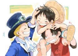  +++ 3boys aged_down ascot bare_shoulders black_hair black_hat blonde_hair blue_jacket blush carrying closed_eyes commentary_request facing_another freckles fur-trimmed_shorts fur_trim goggles goggles_on_headwear grin hand_on_another's_head happy hat he_yo_boy1221 jacket male_focus monkey_d._luffy multiple_boys notice_lines one_piece open_mouth portgas_d._ace red_tank_top sabo_(one_piece) sandals scar scar_on_cheek scar_on_face short_hair shorts shoulder_carry smile straw_hat tank_top unworn_hat unworn_headwear upper_body white_ascot 