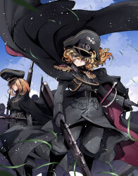  2girls belt blonde_hair boots brown_hair cape collar_tabs epaulettes floating_cape flying_grass gloves gun hashtag-only_commentary hat holding holding_gun holding_weapon knee_boots long_hair long_sleeves looking_at_viewer military military_hat military_uniform multiple_girls peaked_cap rifle sheath sheathed short_hair shoulder_boards sky smile soldier sword tanya_degurechaff toujou_chika viktoriya_ivanovna_serebryakov weapon youjo_senki 