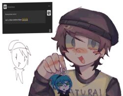  1boy :d animification artist_request beanie black_hat black_sleeves black_trim blush blush_stickers brown_hair character_charm charm_(object) clothes_writing commentary danny_phantom doodle_inset ember_mclain english_commentary english_text grey_eyes hair_between_eyes hand_up hat holding holding_charm long_sleeves looking_at_viewer lower_eyelashes_only male_focus no_pupils open_mouth portrait raglan_sleeves randy_stair real_life request_inset screenshot_inset shirt short_hair simple_background smile solo source_request swept_bangs third-party_source tongue true_crime two-tone_shirt white_background white_shirt wide-eyed 