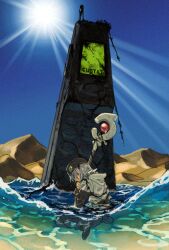  .hack// .hack//sign 1boy artist_name bar_phone blue_sky brown_hat cellphone clear_sky commentary custat day dithering english_commentary from_behind full_body grey_hair hat head_down holding holding_staff hood hood_down layered_sleeves lens_flare long_sleeves mage_staff medium_hair oversized_object partially_submerged phone sand_dune shallow_water short_over_long_sleeves short_sleeves sitting sky solo staff sun tsukasa_(.hack//) wariza water 