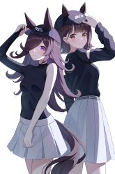  2girls absurdres animal_ears baseball_cap black_hat black_shirt blush breasts brown_eyes brown_hair closed_mouth commentary_request ears_through_headwear flipped_hair hair_over_one_eye hat highres horse_ears horse_girl horse_tail iwami_manaka kurumi_lm long_hair long_sleeves looking_at_viewer multiple_girls official_alternate_costume real_life rice_shower_(boc'z)_(umamusume) rice_shower_(umamusume) shirt short_hair simple_background single_bare_arm single_sleeve skirt small_breasts smile tail umamusume violet_eyes white_background white_skirt 
