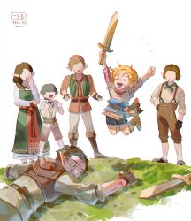  1girl 5boys black_hair blonde_hair boots closed_eyes full_body grass happy holding holding_sword holding_weapon injury link multiple_boys no_eyes open_mouth pointy_ears rain_rkgk sidelocks simple_background smile surprised sword the_legend_of_zelda the_legend_of_zelda:_breath_of_the_wild the_legend_of_zelda:_tears_of_the_kingdom weapon white_background wooden_sword 