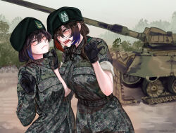  2girls absurdres angry beret black_gloves black_hair black_hat blue_hair breast_press breasts brown_hair bush camouflage camouflage_pants camouflage_shirt closed_eyes closed_mouth clothes_grab collar_grab frown glass gloves grey_jacket grey_pants hands_up hat highres jacket korean_text large_breasts long_sleeves m4skedboi medium_hair military_vehicle motor_vehicle multicolored_hair multiple_girls neckwear_grab original pants pointing pointing_at_object red_eyes red_hair republic_of_korea_army scowl shirt shirt_tucked_in short_sleeves sleeves_rolled_up sweatdrop tank thumbs_up 