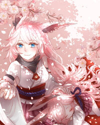  2girls animal_ears bare_shoulders blue_eyes cherry_blossoms closed_eyes closed_mouth commentary detached_sleeves fox_ears honkai_(series) honkai_impact_3rd japanese_clothes kimono long_hair looking_at_viewer multiple_girls nontraditional_miko obi petals pink_skirt rin_(pixiv4106191) sash short_kimono skirt smile thigh-highs white_kimono white_sleeves white_thighhighs yae_rin yae_sakura yae_sakura_(gyakushinn_miko) 