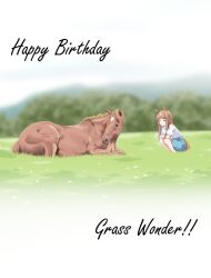 1girl animal animal_ears brown_hair commentary_request creature_and_personification field grass_wonder_(racehorse) grass_wonder_(umamusume) happy_birthday hokkaido horse horse_ears horse_girl horse_tail long_hair mountain multicolored_hair personification squatting tail tanaka_wonder umamusume 