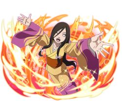  1girl arms_up brown_hair hyuuga_hanabi japanese_clothes kimono long_hair looking_at_viewer naruto_(series) naruto_shippuuden:_ultimate_ninja_blazing official_art one_eye_closed open_mouth solo sparkle yellow_kimono 