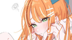  1boy 1girl blush commentary_request gakuen_idolmaster green_eyes hands_on_another's_face hetero holding_hands idolmaster kasasagi_(futagodori888) looking_ahead mole mole_under_eye orange_hair partial_commentary shiun_sumika squiggle 