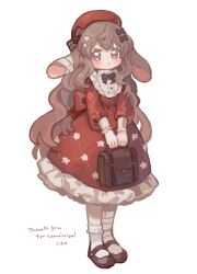  1girl :o animal_ears beret black_bow black_shoes blush bow brown_hair commentary_request commission dress floppy_ears gomafuto hat heart heart-shaped_pupils highres long_hair looking_at_viewer original pixiv_commission rabbit_ears rabbit_girl red_dress red_eyes red_hat shoes socks standing symbol-shaped_pupils white_background white_socks 