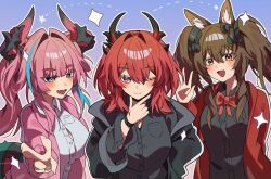  3girls :d alternate_costume angelina_(arknights) animal_ear_fluff animal_ears black_horns black_jacket black_shirt blue_background blue_eyes blunt_bangs blush bow bowtie bracelet breast_pocket breasts brown_hair buttons commentary_request demon_girl demon_horns dot_nose dragon_girl dragon_horns dragon_tail film_grain fox_ears fox_girl gilberta_(arknights) grey_horns hair_between_eyes hair_intakes hair_on_horn hand_on_own_chin hand_rest headpiece highres horns jacket jewelry katr5878 korean_commentary laevatain_(arknights) large_breasts long_hair long_sleeves looking_at_viewer medium_breasts medium_hair multicolored_horns multiple_girls one_eye_closed open_clothes open_jacket orange_eyes pink_hair pink_horns pink_jacket pocket red_bow red_bowtie red_hair red_jacket shirt simple_background smile star_(symbol) surtr_(arknights) tail teeth thinking twintails two-tone_horns upper_body v violet_eyes waving white_shirt yellow_pupils yvonne_(arknights) 