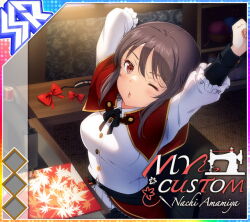  1girl album_cover amamiya_nachi arm_behind_head arms_up black_sleeves blush bow breasts brown_hair buttons capelet chair character_name clenched_hand cover dappled_sunlight dot_nose english_text frilled_sleeves frills game_cg idol_wars indoors layered_sleeves leaf_print long_sleeves looking_at_viewer maple_leaf_print medium_breasts medium_hair official_art on_chair one_eye_closed open_mouth red_bow red_capelet red_eyes sewing_machine shirt sidelocks sitting solo stretching sunlight third-party_source unworn_bow white_shirt 