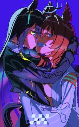  2girls absurdres agnes_tachyon_(tach-nology)_(umamusume) agnes_tachyon_(umamusume) ahoge animal_ears black_choker black_coat black_gloves black_hair breasts brown_hair choker coat collared_shirt ear_tag earrings gloves grin hair_between_eyes highres horse_ears horse_girl horse_tail hug jewelry lab_coat long_bangs long_hair long_hair_between_eyes long_sleeves manhattan_cafe_(creeping_shadow)_(umamusume) manhattan_cafe_(umamusume) medium_hair multicolored_hair multiple_girls necktie open_mouth red_eyes shirt short_necktie single_earring sleeves_past_fingers sleeves_past_wrists smile spindrift sweater sweater_vest tail teeth umamusume white_coat white_hair wolf_cut yellow_eyes yellow_necktie yellow_sweater yellow_sweater_vest 