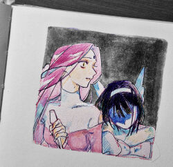  2girls alien_stage black_hair commentary dress ewltrqat forehead_jewel hairband holding holding_microphone long_hair microphone mizi_(alien_stage) multiple_girls partially_shaded_face pink_dress pink_hair sua_(alien_stage) traditional_media turtleneck turtleneck_dress two-tone_dress white_hairband white_wings wings yellow_eyes 