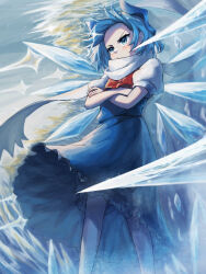  1girl blue_bow blue_dress blue_hair blue_skirt blue_vest bow bowtie cirno commentary_request crossed_arms detached_wings dress hair_bow highres ice ice_wings puffy_short_sleeves puffy_sleeves red_bow red_bowtie scarf short_sleeves skirt solo tenx2_1341 touhou vest white_scarf wings 