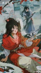  1boy 1girl absurdres architecture arm_armor black_boots black_hair blue_eyes blue_robe boots broken broken_sword broken_weapon cheng_heguang chinese_clothes copyright_name copyright_notice dao dress east_asian_architecture facial_mark feather_boa flower forehead_mark from_above hair_branch hair_bun hair_flower hair_ornament hand_up hanfu hat_on_back highres holding holding_sword holding_weapon jian_(weapon) logo long_dress long_hair official_art official_wallpaper pants paper_heron pink_flower plum_blossoms ponytail red_flower red_hanfu reverse:1999 robe sheath sheathed sitting sitting_on_branch snow standing sword weapon weimao white_pants 