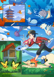  1boy absurdres alternate_color backwards_hat bag black_hat black_pants capri_pants clenched_hands clouds commentary crobat cyndaquil day dragonair ethan_(pokemon) falling_leaves grey_bag gyarados hat highres ho-oh jacket lapras leaf long_sleeves male_focus mareep outdoors pants pichu pokemon pokemon_(creature) pokemon_hgss quagsire reapster_(tdwg3572) red_jacket running shiny_pokemon sky standing togetic water wooper 