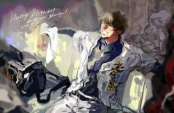  1boy ace_of_diamond bag bedside belt black_belt brown_hair character_name compression_shirt dated duffel_bag exhausted happy_birthday layered_sleeves long_sleeves male_focus messy_room miyuki_kazuya nian_rt on_floor open_clothes open_shirt pants shirt short_hair short_over_long_sleeves short_sleeves sitting solo white_pants white_shirt 