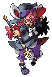  1girl animal_ear_headwear animal_ears black_dress black_hat black_shoes bow child dress dress_bow fake_animal_ears footwear_bow hair_between_eyes harakawa_mitsuhiro hat holding holding_staff long_hair magiko_magika mahoutsukai_magiko official_art open_mouth pants pants_under_dress pink_hair purple_pants purple_socks red_eyes shinrabanshou shirt_under_dress shoes socks solo staff third-party_source transparent_background white_bow witch witch_hat 