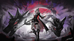  1girl absurdres animal_ears arknights az'ruler black_boots black_coat black_dress black_gloves black_shorts boots breasts coat commentary dress floating_hair full_body fur-trimmed_coat fur_trim gloves grey_eyes grey_hair hair_ornament hairclip highres holding holding_sword holding_weapon knee_boots lappland_(arknights) lappland_the_decadenza_(arknights) long_hair long_sleeves looking_at_viewer material_growth medium_breasts official_alternate_costume open_clothes open_coat originium_arts_(arknights) oripathy_lesion_(arknights) scar scar_across_eye scar_on_face shorts signature smile solo standing sword tail thigh_strap torn_clothes torn_coat two-sided_coat two-sided_fabric very_long_hair weapon white_hair wolf wolf_ears wolf_girl wolf_tail 